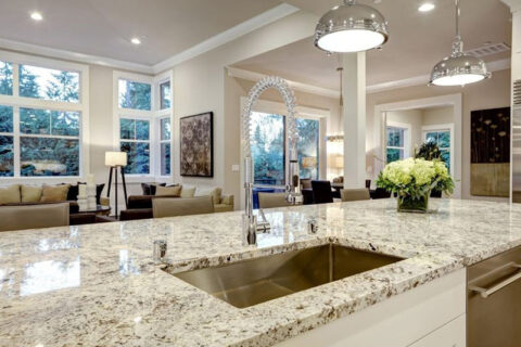 marble table with basin and a tap